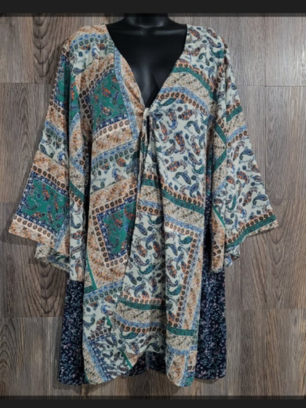 Umgee like new tie front loose fit patchwork print kimono cardigan lightweight